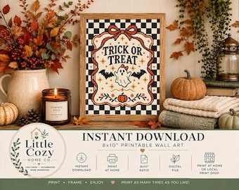 Vintage Gothic Halloween Cross-Stitch Style Print, Black & White Checkered Wall Art (Digital Download)