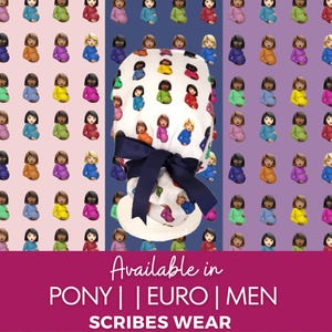 May include: A white surgical scrub cap with a navy blue bow, patterned with colorful pregnant woman emojis. The background features a repeating pattern of the same emoji in various skin tones and colors. The text "Available in PONY | EURO | MEN" is visible.
