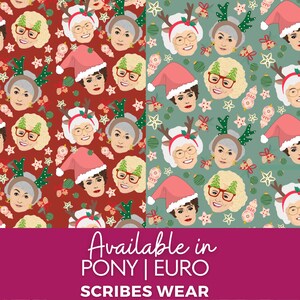 May include: A red and green Christmas wrapping paper design featuring a repeating pattern of a woman wearing a Santa hat and reindeer antlers. The text "Available in Pony | Euro" and "Scribes Wear" is at the bottom of the image.