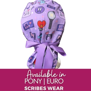 May include: A lilac scrub cap adorned with BTS-themed illustrations, such as hearts, logos, and cartoon characters. The cap has a matching lilac ribbon tie. The text "BTS ARMY" is visible. The bottom of the image has the text "Available in PONY | EURO SCRIBES WEAR".