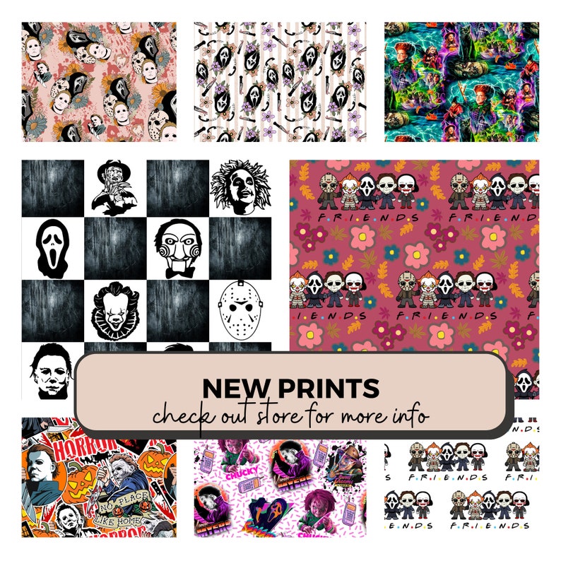 Puede incluir: Un collage de estampados de tela con personajes de pel&iacute;culas de terror, como Ghostface, Michael Myers y Chucky, junto a motivos florales y un dise&ntilde;o de tablero de ajedrez. Una banda central beige muestra el texto NEW PRINTS check out store for more info.