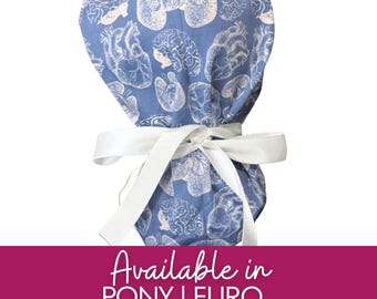 Radiology vision in blue lungs, heart, brain print Surgical caps Pony | Hybrid | Euro scrub cap