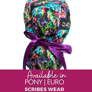 May include: A patterned scrub cap featuring a colorful design with characters. The cap is tied with a purple ribbon. The text "Available in PONY | EURO SCRIBES WEAR" is displayed on a pink banner.