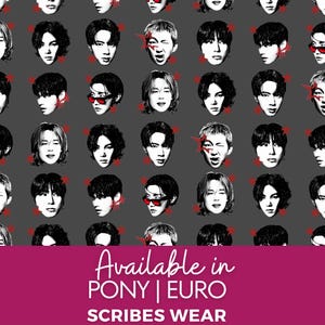 May include: A dark grey fabric featuring a repeating pattern of black and white portraits of individuals, accented with small red star icons. Some figures wear red sunglasses. The bottom section displays the text Available in PONY | EURO SCRIBES WEAR.