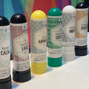 Aroma Essential Oil Nasal Inhalers ~ “ Just Breathe it in” ~ Set of 6 ~ Aroma blends of 100% Pure Essential Oils