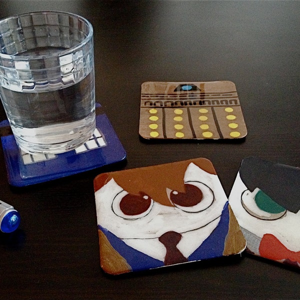 Le Doctor Who Inspired Drink Coaster Set of 4 Characters: 10th Doctor, 11th Doctor, Tardis, Dalek