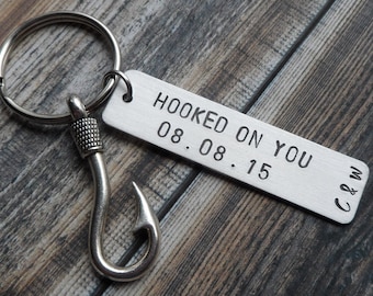 HOOKED ON YOU Custom Hand Stamped Aluminum Key Chain Valentines Message