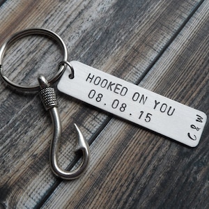 Hand Stamped Keychain "Hooked on you" with Fish Hook Charm - Personalized Keychain - Gift for Him - Gift for Her - Anniversary or Wedding