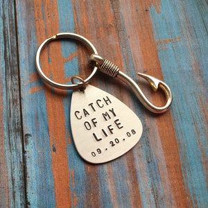 Hand Stamped Keychain "Catch of my life" - Personalized Fishing Lure -  Anniversary Gift - Fishing Keychain - Valentine's Day Gift for Him