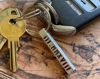 Hand Stamped Pewter Bar Keychain with Roman Numerals - Anniversary Gift -  Important Date - Personalized Keychain - Gift for Him and Her