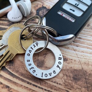 Hand Stamped Keychain &quot;drive safe. love you&quot; - Couple Gift - His and Her Keychains - Gift for a New Driver - Truck Driver Gift - Drive Safe