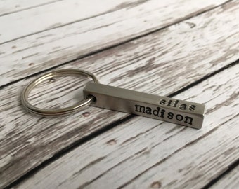 Hand Stamped Keychain Pewter Bar with Custom Names and/or Dates - Anniversary Gift for Him or Her - New Parent Gift - Just Because Gift