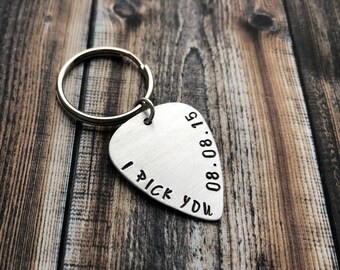 Hand Stamped Keychain "I PICK YOU" with date - Personalized Gift - Hand Stamped Guitar Pick Keychain - Guitar Lover Gift - Anniversary Gift