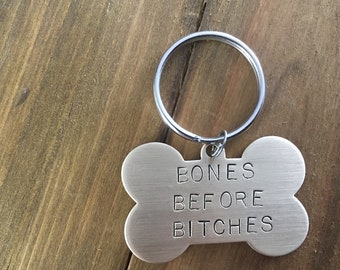 Double Sided Dog ID Tag: "bones before bitches"