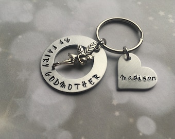 Hand Stamped Keychain "My Fairy Godmother" with a Name and a Fairy Charm - Personalized Gift - Baptism Gift - Christening Gift - Godmother