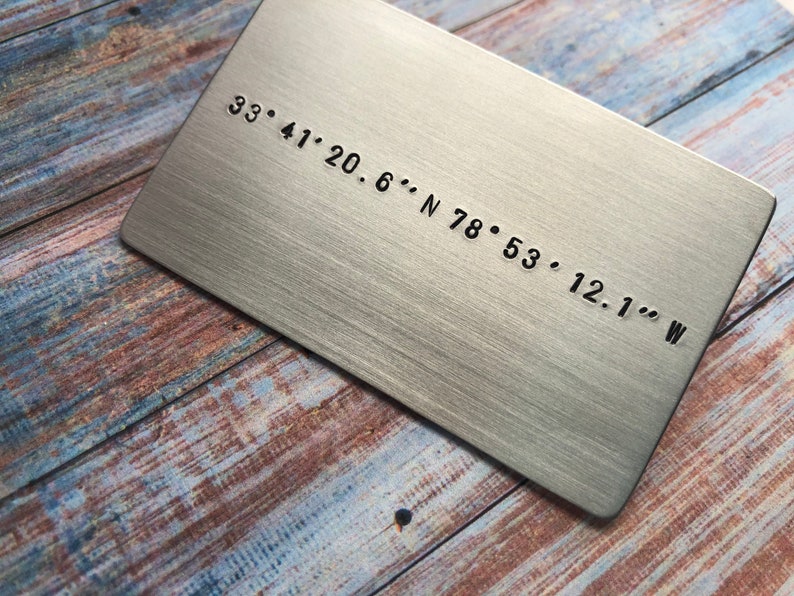 Hand Stamped Wallet Card with Custom Coordinates Anniversary Gift Valentines Day Memorable Location Gift for Him or Her Wedding image 6