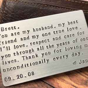 Tarjeta de billetera estampada a mano - Regalo de aniversario - Inserción de billetera personalizada - Regalo de recuerdo - Regalo para él o ella - Nota de amor - Día de San Valentín