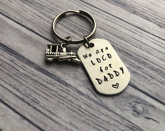 Hand Stamped Keychain "We are LOCO for Daddy" with Train Charm - Father's Day Gift - Train Conductor - Engineer Dad - Train Keychain
