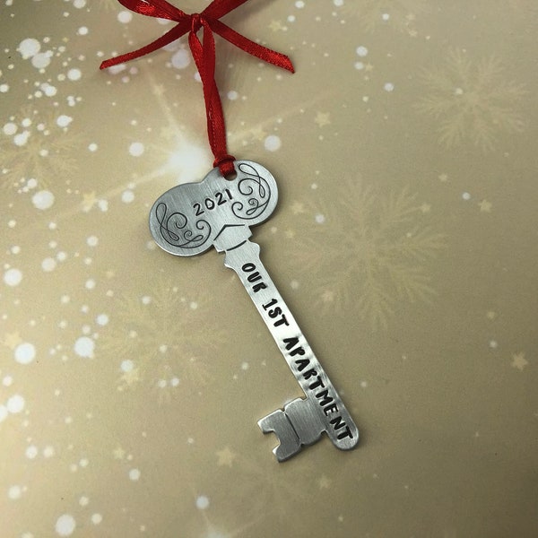 Hand Stamped Christmas Ornament - Our First Apartment - New Apartment - Housewarming Gift - Christmas Ornament - Key Ornament - New Home