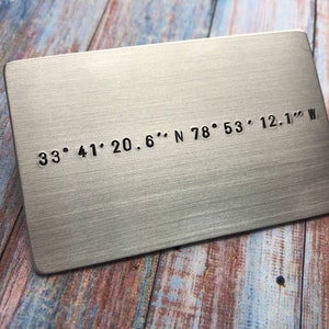 Hand Stamped Wallet Card with Custom Coordinates Anniversary Gift Valentines Day Memorable Location Gift for Him or Her Wedding image 4