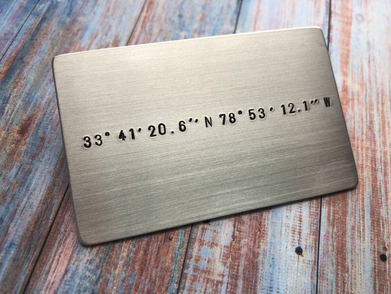 Hand Stamped Wallet Card with Custom Coordinates Anniversary Gift Valentines Day Memorable Location Gift for Him or Her Wedding image 4