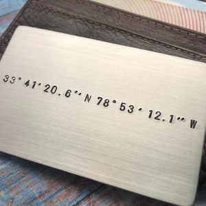Hand Stamped Wallet Card with Custom Coordinates Anniversary Gift Valentines Day Memorable Location Gift for Him or Her Wedding image 2