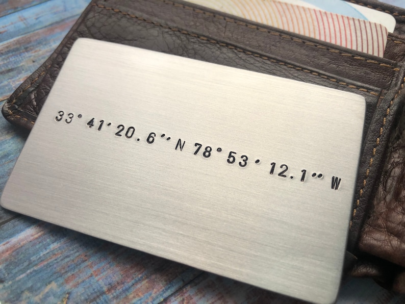 Hand Stamped Wallet Card with Custom Coordinates Anniversary Gift Valentines Day Memorable Location Gift for Him or Her Wedding image 2