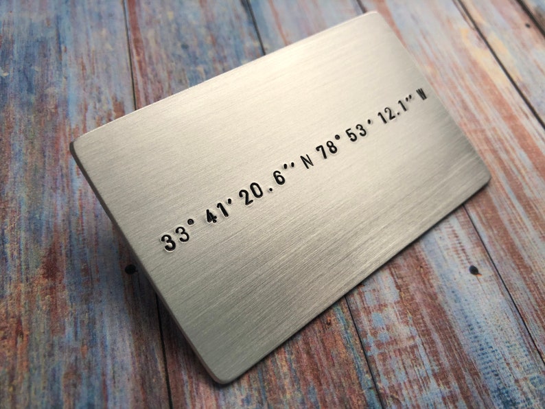 Hand Stamped Wallet Card with Custom Coordinates Anniversary Gift Valentines Day Memorable Location Gift for Him or Her Wedding image 5