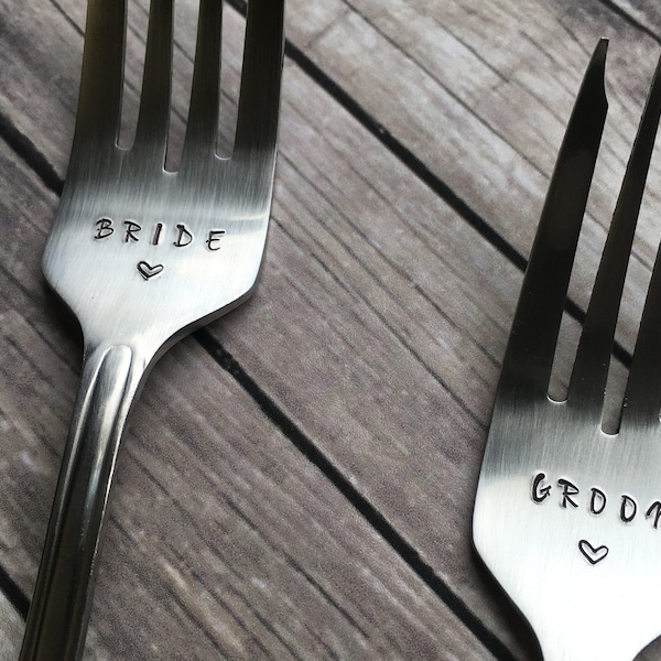 Bride and Groom Hand Stamped Forks