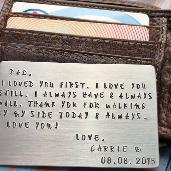 Tarjeta de billetera estampada a mano - Regalo para el padre de la novia - Regalo de boda de la hija - Papá, te amé primero - Regalo de boda para papá - Papá