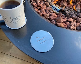 Hand Stamped Aluminum Drink Coaster with family name and est (year) - Wedding Gift - Anniversary Gift - Newly Weds - House Warming Gift