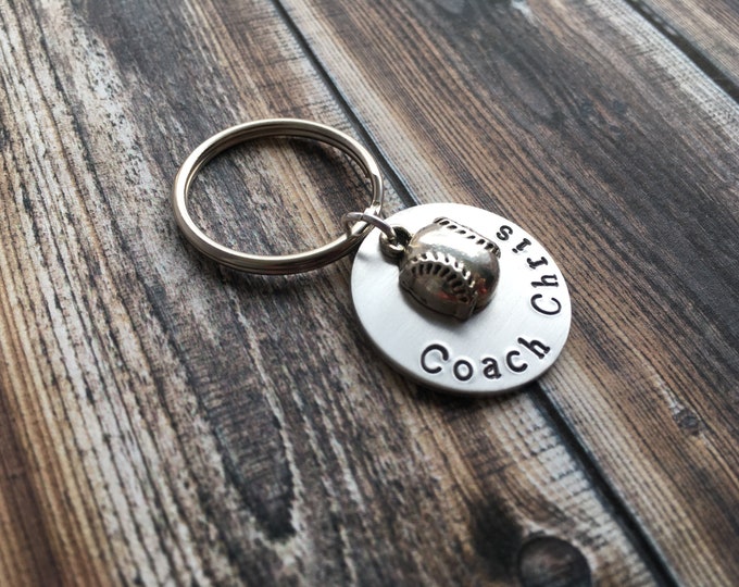 Hand Stamped Keychain with Coachs Name and Sports Ball Charm - Coach Keychain - Thank You Gift - Coach Gift - Best Coach - Custom Coach Gift