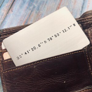 Hand Stamped Wallet Card with Custom Coordinates Anniversary Gift Valentines Day Memorable Location Gift for Him or Her Wedding image 3