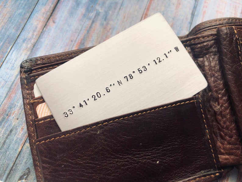 Hand Stamped Wallet Card with Custom Coordinates Anniversary Gift Valentines Day Memorable Location Gift for Him or Her Wedding image 3