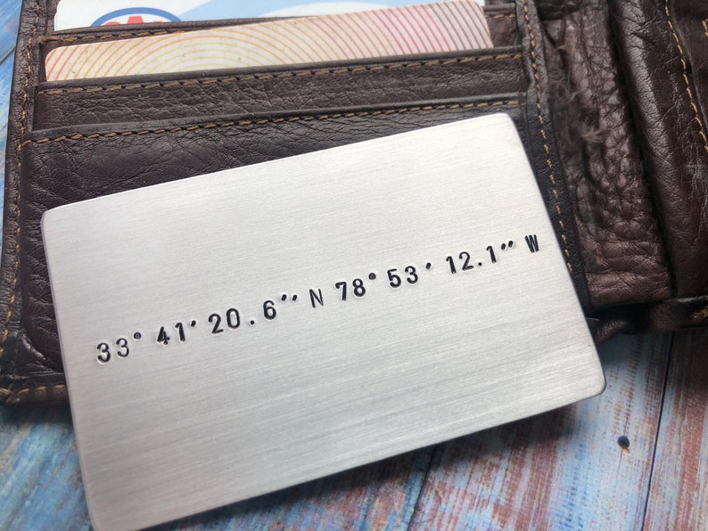 Hand Stamped Wallet Card with Custom Coordinates Anniversary Gift Valentines Day Memorable Location Gift for Him or Her Wedding image 1