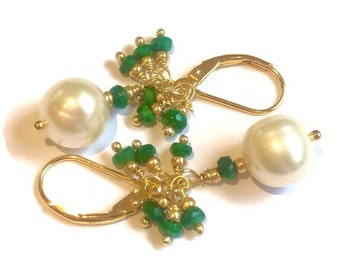 Pearl and Emerald earrings, sterling silver, Gold Plating, cluster earrings, May birthstone, June birthstone, Pearl jewellery