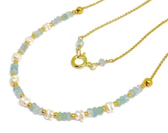 Aquamarine Necklace, March birthstone, Pearl Necklace, delicate necklace, birthday gift, Mothers Day gift, gift for her, Gold Vermeil