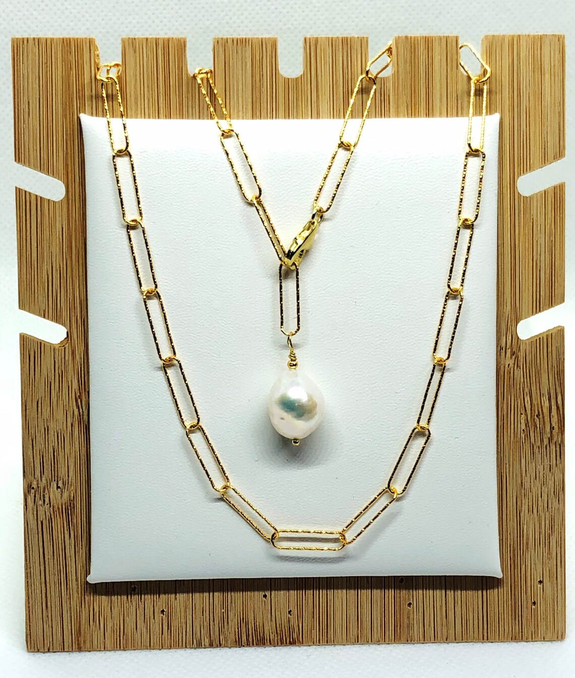 Gold Vermeil Textured Paper Clip Necklace, Baroque Pearl, June