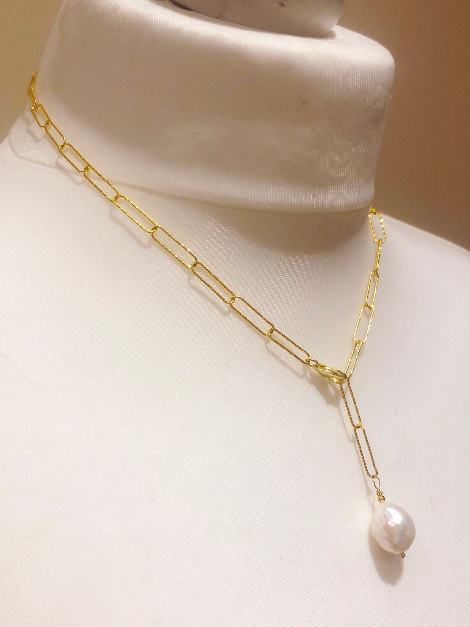 Gold Vermeil Textured Paper Clip Necklace, Baroque Pearl, June