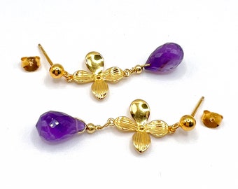 Amethyst drop earrings, February birthstone, flower earrings, Gold Vermeil, birthday gift, Amethyst jewellery, Valentines gift