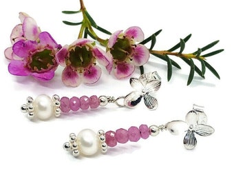 Sapphire earrings, pink gemstone, September Birthstone, drop earrings, flower earrings, gift for her, birthday gift, gemstone jewellery