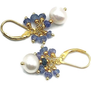 Pearl and Tanzanite earrings, sterling silver, Gold plating, drop earrings December birthstone, December birthstone, Pearl jewellery