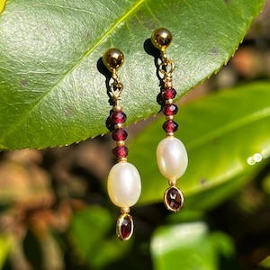 Garnet and Pearl drop earrings, January birthstone, Gold Vermeil, Garnet jewellery, pearl jewellery, wife gift, gift for her, sterling