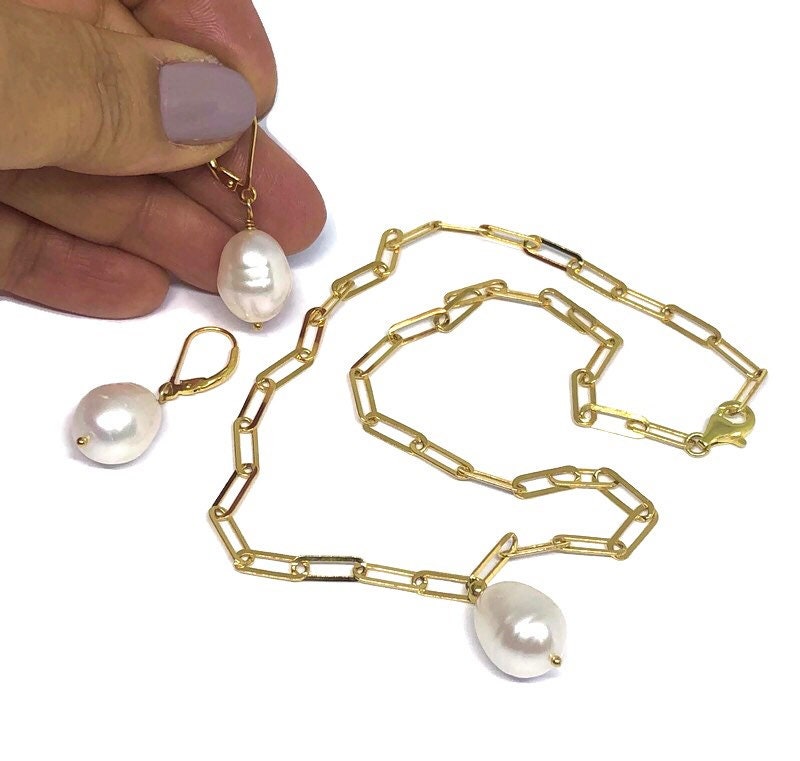Gold Vermeil Paperclip chain necklace Baroque Pearl June Etsy