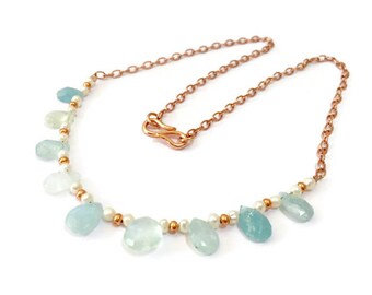 Aquamarine Necklace, Rose Gold plated chain, March birthstone, Aquamarine jewellery, gf gift, gift for her, bib necklace