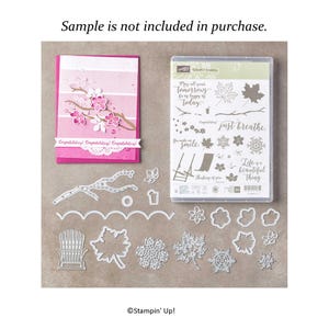 May include: A clear plastic stamp set titled Colorful Seasons by Stampin' Up, featuring various nature-themed stamps and sentiments, accompanied by a collection of metal cutting dies in shapes of leaves, flowers, and a chair, plus a sample card.