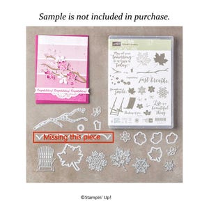 May include: A Stampin' Up! Colorful Seasons clear stamp set in a plastic case, a handmade pink floral card, and various metal cutting dies. A red box highlights a missing wavy die piece. Text includes "Sample is not included in purchase."