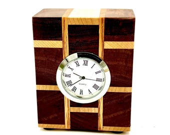 Handcrafted Wood Desk Clock  - Segmented Butcher Block Base with Quartz Timepiece - Perfect Man Cave Gift - Special Birthday Gift