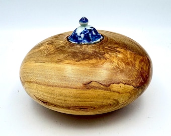 Ambrosia Maple Hollow Form with Antique Porcelain Lid, Wood Vessel, Pet Memorial, Unique Display Piece.