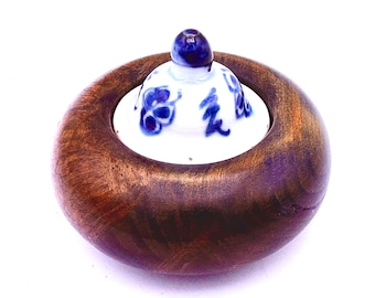 Walnut Wood Jewelry Keeper with Antique Porcelain Lid -  Ring Holder - Trinket Box